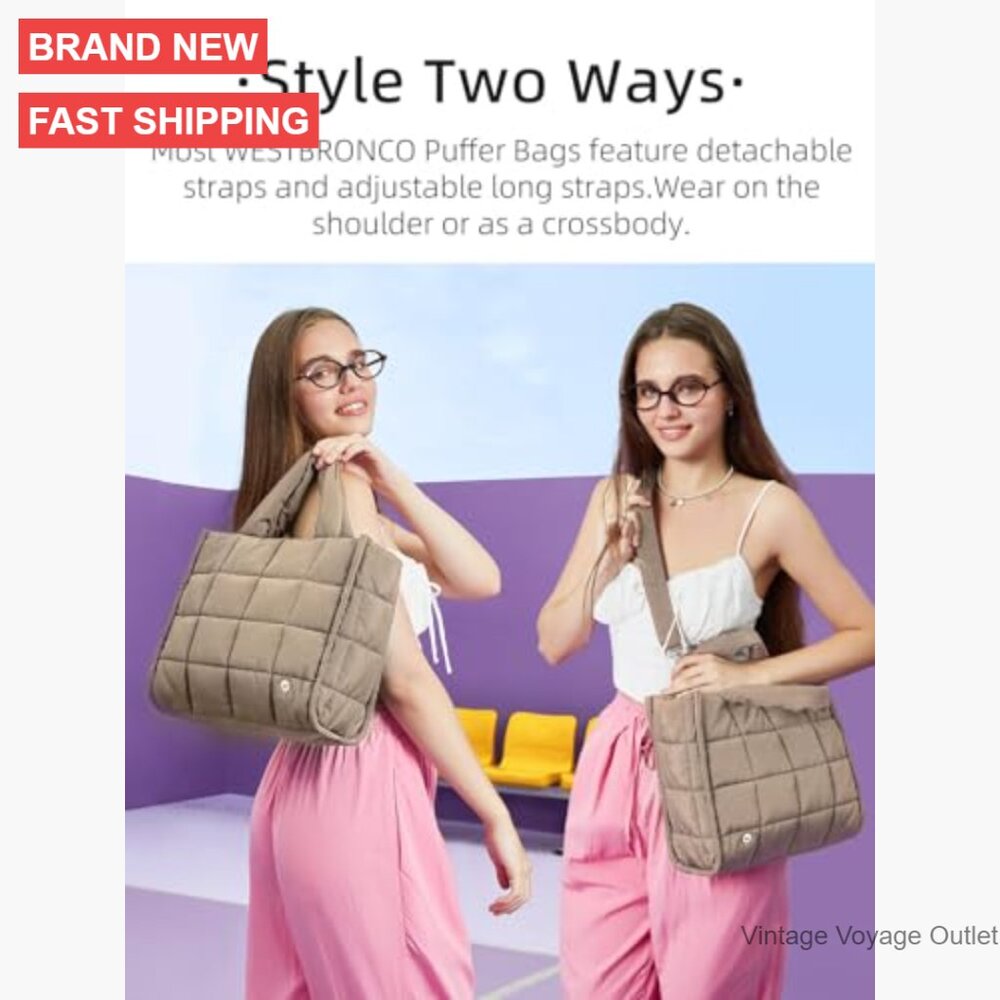 Puffer Crossbody Tote Bag Nylon Weekender Overnight Shoulder Handbag - Picture 2 of 7